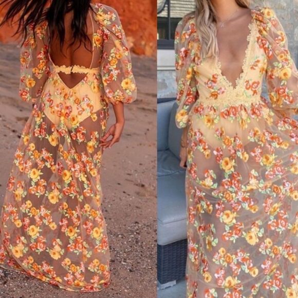For Love & Lemons Winnie Maxi Long Sleeve Embroidered Floral Dress XS - Picture 2 of 7